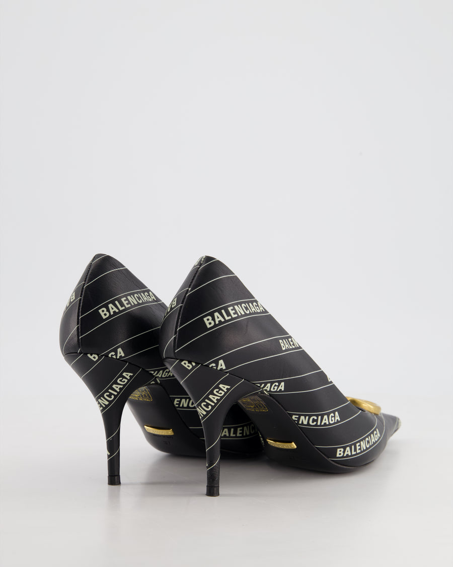 Gucci x Balenciaga Black Leather Heels with Printed Logo and Gold GG Detail Size EU 37