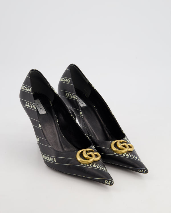 Gucci x Balenciaga Black Leather Heels with Printed Logo and Gold GG Detail Size EU 37