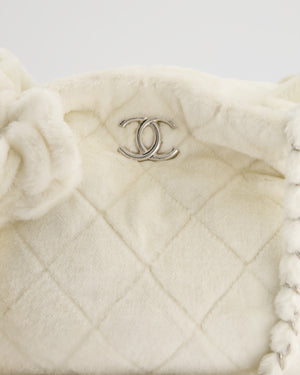 Chanel White Faux Fur Quilted Tote Bag with Camelia Detail and Silver Hardware