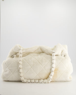 Chanel White Faux Fur Quilted Tote Bag with Camelia Detail and Silver Hardware