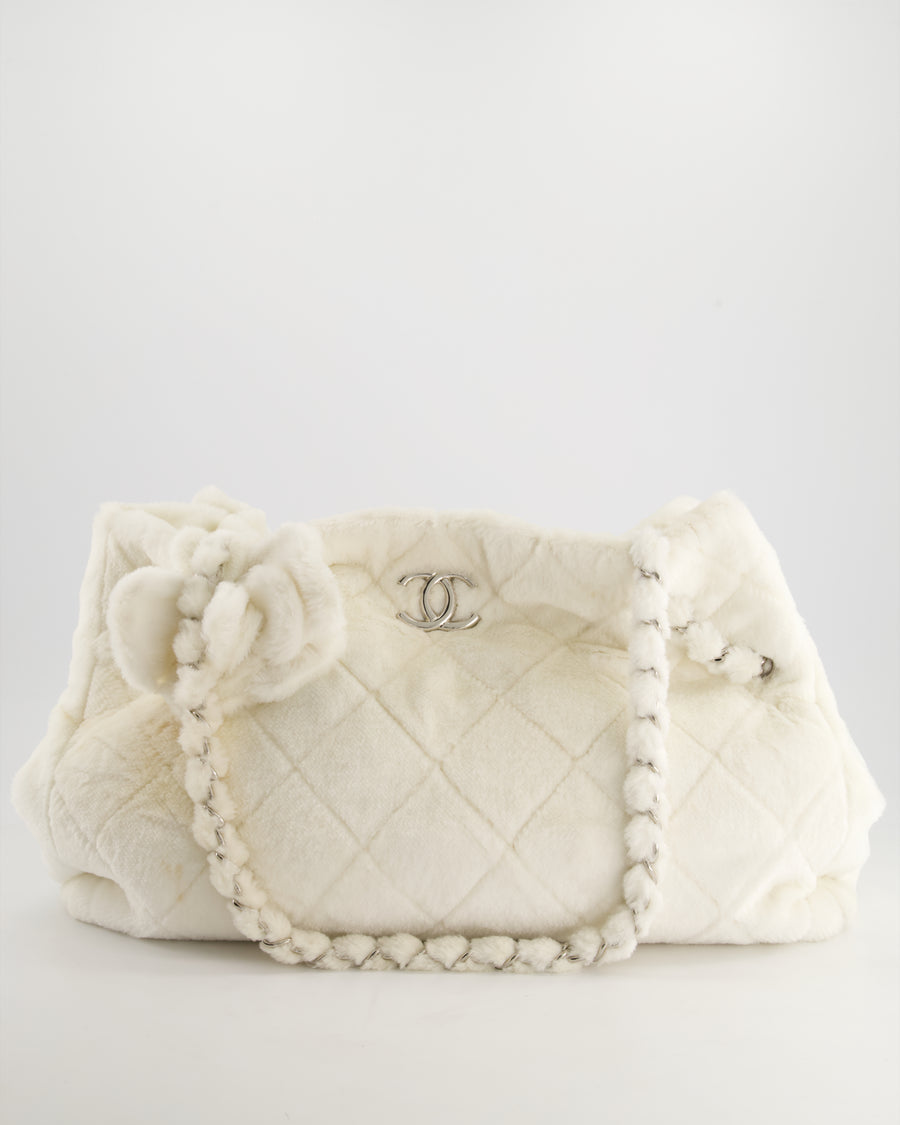 Chanel White Faux Fur Quilted Tote Bag with Camelia Detail and Silver Hardware