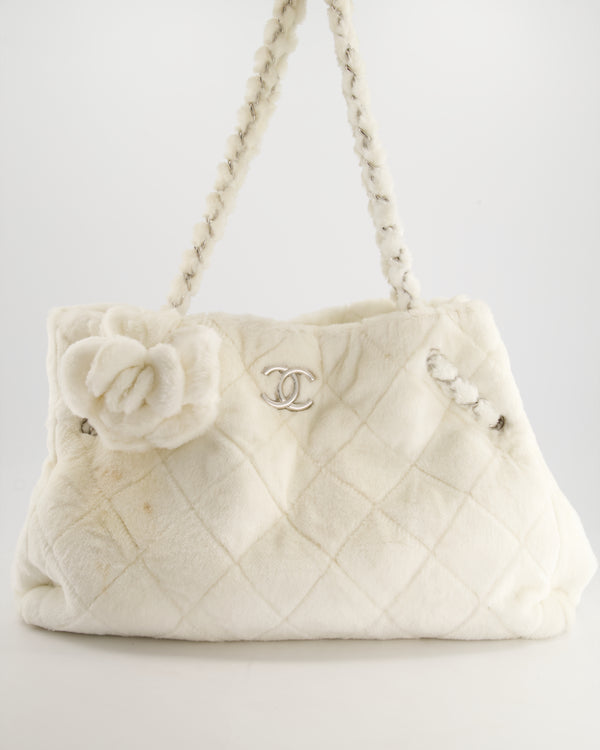 Chanel White Faux Fur Quilted Tote Bag with Camelia Detail and Silver Hardware