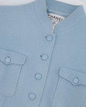 Chanel 96C Baby Blue Long Tweed Jacket with CC Button Details Size FR 44 (UK 16)