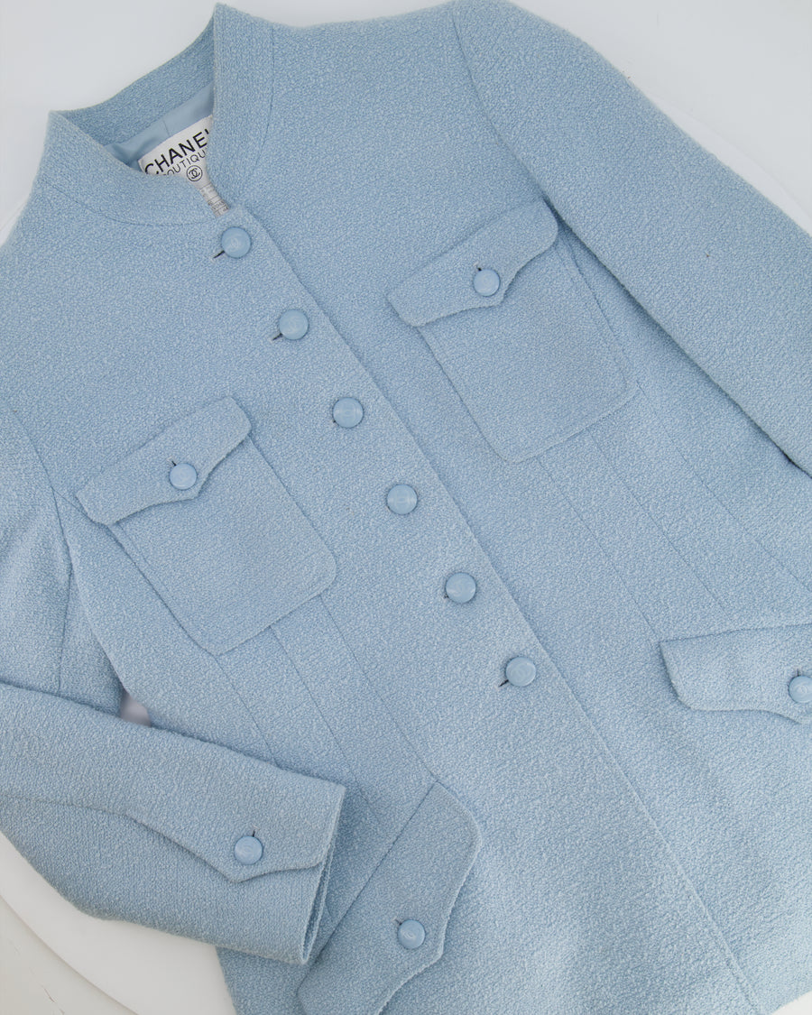 Chanel 96C Baby Blue Long Tweed Jacket with CC Button Details Size FR 44 (UK 16)