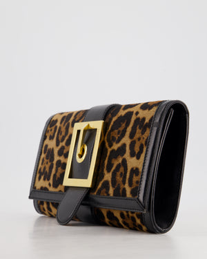 Gucci Vintage Black Leather and Leopard Print Pony Hair Rectangular Clutch Bag with Gold Buckle Detail