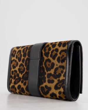 Gucci Vintage Black Leather and Leopard Print Pony Hair Rectangular Clutch Bag with Gold Buckle Detail