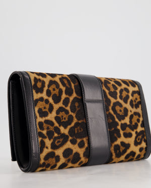 Gucci Vintage Black Leather and Leopard Print Pony Hair Rectangular Clutch Bag with Gold Buckle Detail