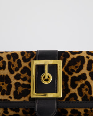 Gucci Vintage Black Leather and Leopard Print Pony Hair Rectangular Clutch Bag with Gold Buckle Detail