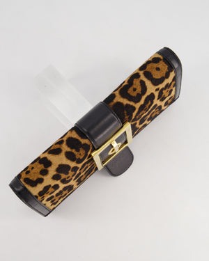 Gucci Vintage Black Leather and Leopard Print Pony Hair Rectangular Clutch Bag with Gold Buckle Detail