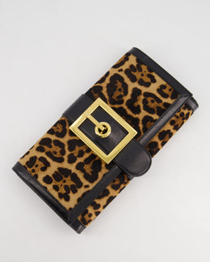 Gucci Vintage Black Leather and Leopard Print Pony Hair Rectangular Clutch Bag with Gold Buckle Detail