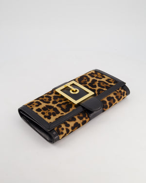 Gucci Vintage Black Leather and Leopard Print Pony Hair Rectangular Clutch Bag with Gold Buckle Detail