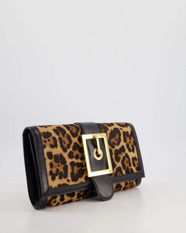 Gucci Vintage Black Leather and Leopard Print Pony Hair Rectangular Clutch Bag with Gold Buckle Detail