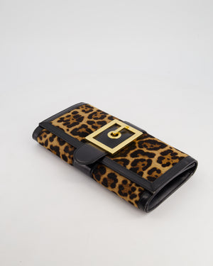 Gucci Vintage Black Leather and Leopard Print Pony Hair Rectangular Clutch Bag with Gold Buckle Detail