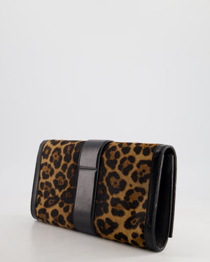 Gucci Vintage Black Leather and Leopard Print Pony Hair Rectangular Clutch Bag with Gold Buckle Detail