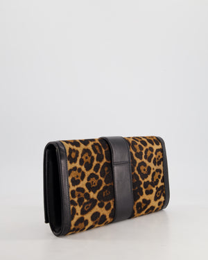 Gucci Vintage Black Leather and Leopard Print Pony Hair Rectangular Clutch Bag with Gold Buckle Detail