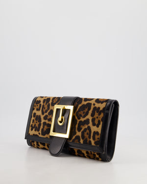 Gucci Vintage Black Leather and Leopard Print Pony Hair Rectangular Clutch Bag with Gold Buckle Detail