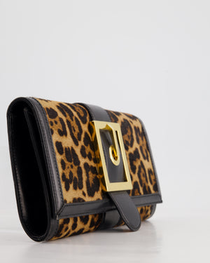 Gucci Vintage Black Leather and Leopard Print Pony Hair Rectangular Clutch Bag with Gold Buckle Detail