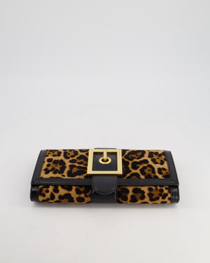 Gucci Vintage Black Leather and Leopard Print Pony Hair Rectangular Clutch Bag with Gold Buckle Detail