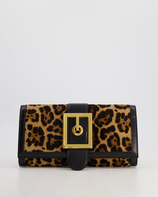 Gucci Vintage Black Leather and Leopard Print Pony Hair Rectangular Clutch Bag with Gold Buckle Detail