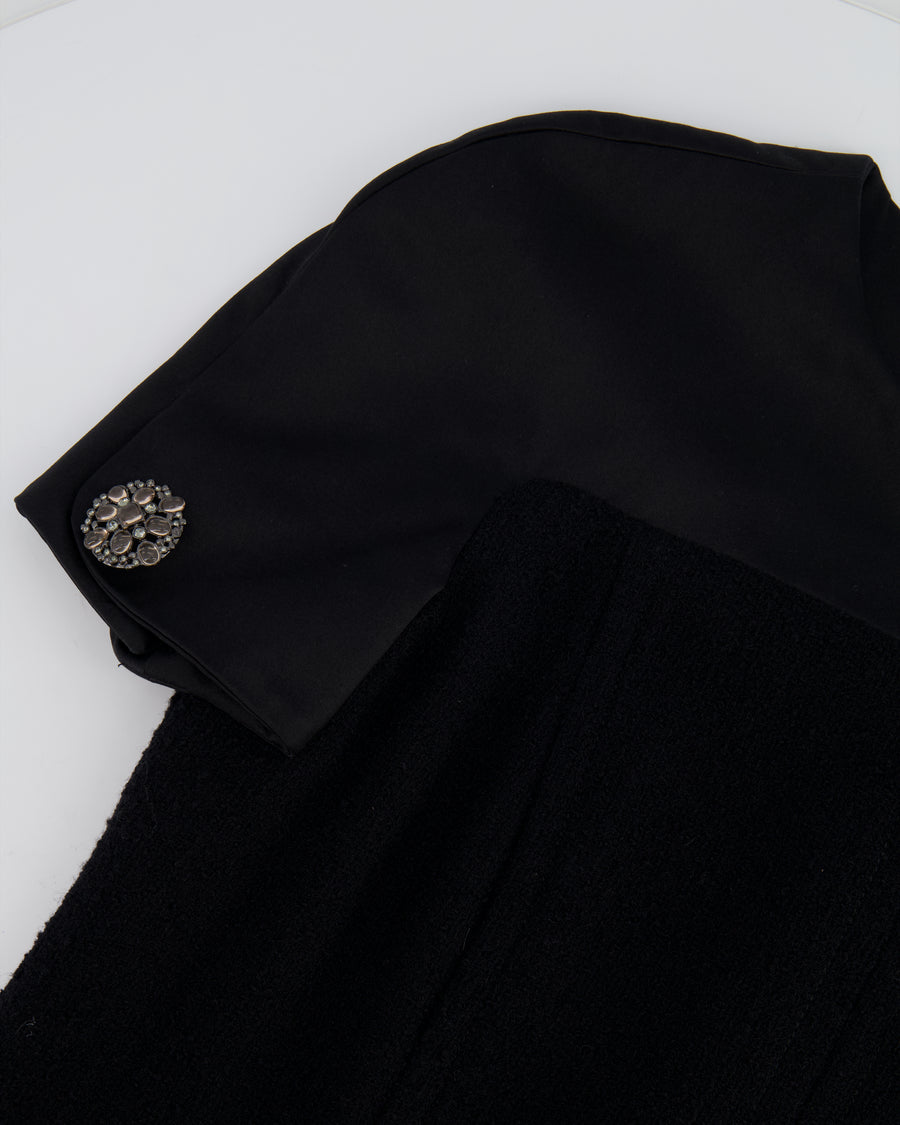 Chanel Black Tweed Midi Short-Sleeve Dress with Crystal Buttons and Silk Appliqué Size FR 42 (UK 14)