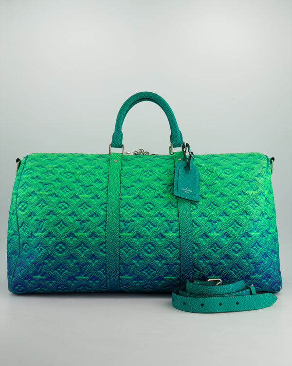 Louis Vuitton Virgil Abloh Green & Blue Monogram Illusion Taurillon Leather Bandouliere Keepall 50cm with Silver Hardware