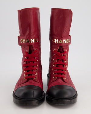 Chanel Burgundy Velcro Combat Boots with Logo Strap Detail Size EU 38