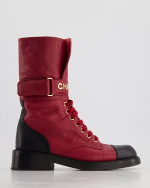 Chanel Burgundy Velcro Combat Boots with Logo Strap Detail Size EU 38