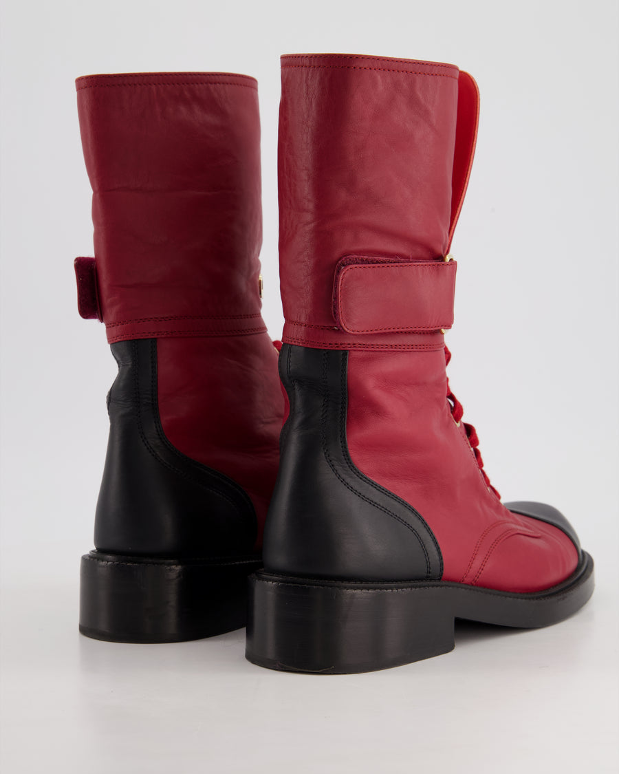 Chanel Burgundy Velcro Combat Boots with Logo Strap Detail Size EU 38