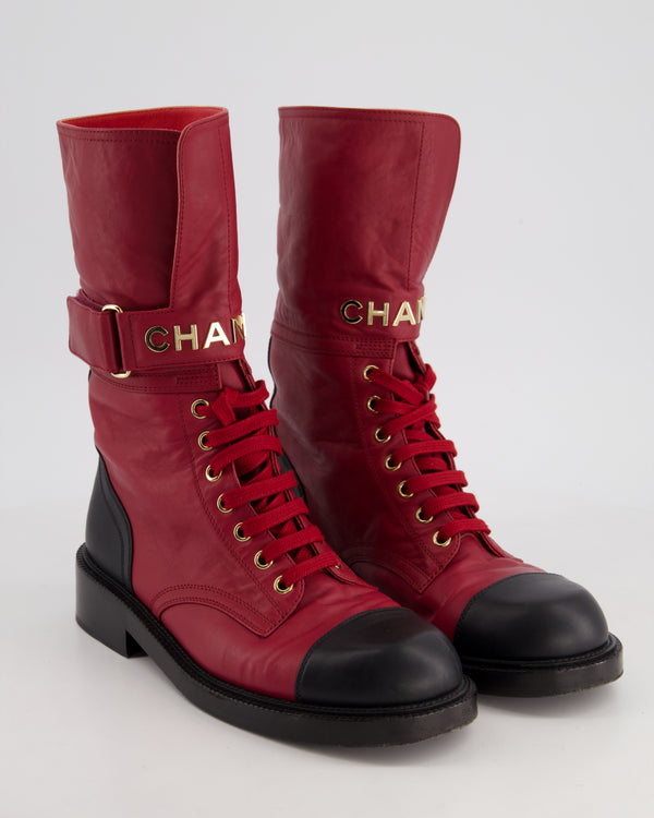 Chanel Burgundy Velcro Combat Boots with Logo Strap Detail Size EU 38