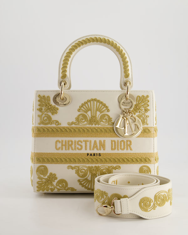 *RARE* Christian Dior Limited Edition Cruise 2021 Embroidered White Medium Lady Dior Bag in Calfskin Leather with Champagne Gold Hardware