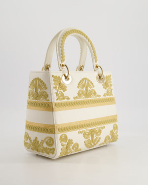 *RARE* Christian Dior Limited Edition Cruise 2021 Embroidered White Medium Lady Dior Bag in Calfskin Leather with Champagne Gold Hardware