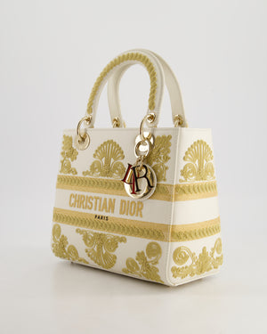 *RARE* Christian Dior Limited Edition Cruise 2021 Embroidered White Medium Lady Dior Bag in Calfskin Leather with Champagne Gold Hardware