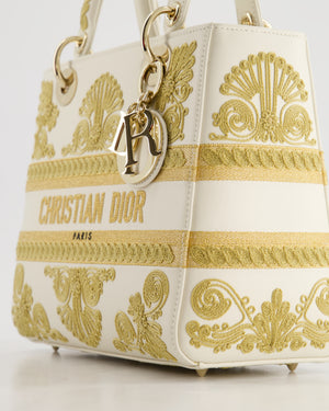 *RARE* Christian Dior Limited Edition Cruise 2021 Embroidered White Medium Lady Dior Bag in Calfskin Leather with Champagne Gold Hardware