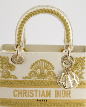 *RARE* Christian Dior Limited Edition Cruise 2021 Embroidered White Medium Lady Dior Bag in Calfskin Leather with Champagne Gold Hardware