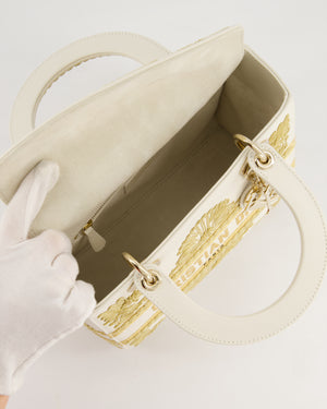 *RARE* Christian Dior Limited Edition Cruise 2021 Embroidered White Medium Lady Dior Bag in Calfskin Leather with Champagne Gold Hardware