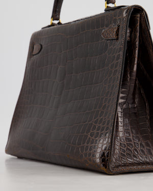 *FIRE PRICE* Hermès Kelly Vintage Sellier 32cm Bag in Chocolate Shiny Niloticus Crocodile Leather with Gold Hardware