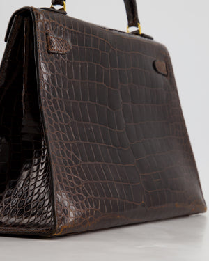 *FIRE PRICE* Hermès Kelly Vintage Sellier 32cm Bag in Chocolate Shiny Niloticus Crocodile Leather with Gold Hardware