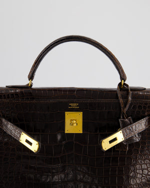 *FIRE PRICE* Hermès Kelly Vintage Sellier 32cm Bag in Chocolate Shiny Niloticus Crocodile Leather with Gold Hardware