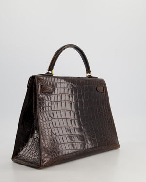 *FIRE PRICE* Hermès Kelly Vintage Sellier 32cm Bag in Chocolate Shiny Niloticus Crocodile Leather with Gold Hardware