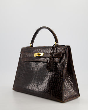 *FIRE PRICE* Hermès Kelly Vintage Sellier 32cm Bag in Chocolate Shiny Niloticus Crocodile Leather with Gold Hardware