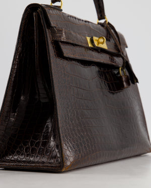 *FIRE PRICE* Hermès Kelly Vintage Sellier 32cm Bag in Chocolate Shiny Niloticus Crocodile Leather with Gold Hardware