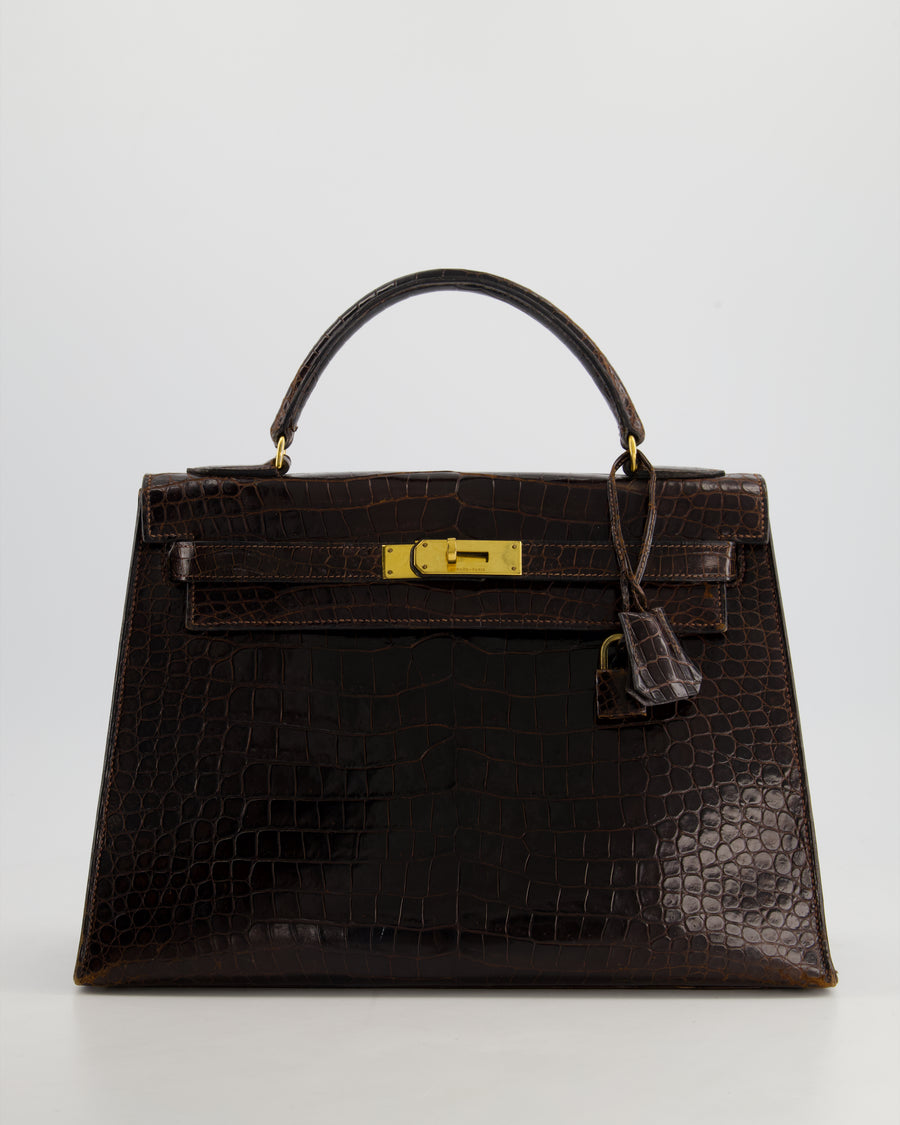 *FIRE PRICE* Hermès Kelly Vintage Sellier 32cm Bag in Chocolate Shiny Niloticus Crocodile Leather with Gold Hardware