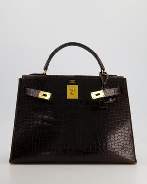 *FIRE PRICE* Hermès Kelly Vintage Sellier 32cm Bag in Chocolate Shiny Niloticus Crocodile Leather with Gold Hardware