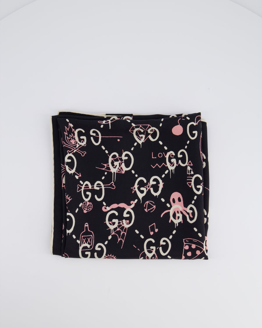 Gucci Navy GG Printed Silk Scarf with Pink Ghost Print Detail Size 90x90