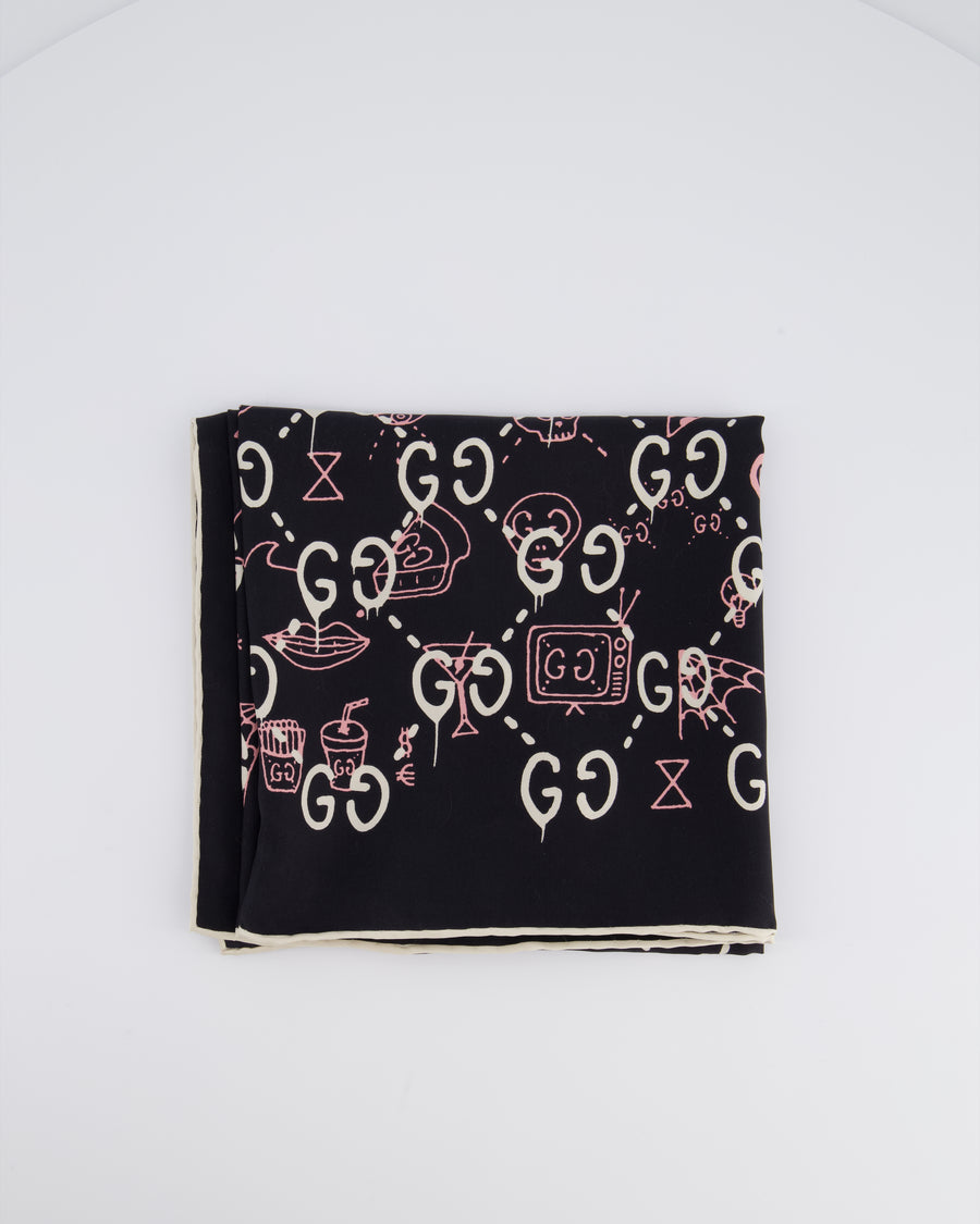 Gucci Navy GG Printed Silk Scarf with Pink Ghost Print Detail Size 90x90