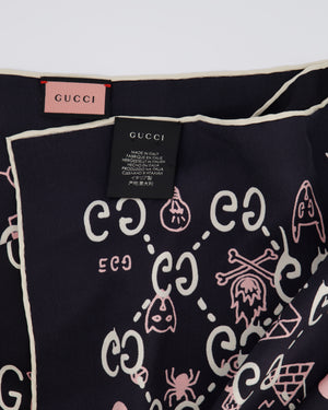 Gucci Navy GG Printed Silk Scarf with Pink Ghost Print Detail Size 90x90