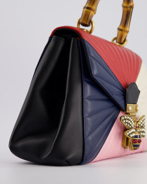 Gucci Black Queen Margaret Matelasse Bamboo Top Handle Bag with Gold Hardware and Embellished Bee Detail