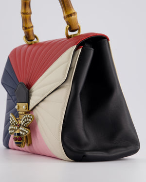 Gucci Black Queen Margaret Matelasse Bamboo Top Handle Bag with Gold Hardware and Embellished Bee Detail