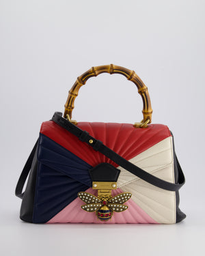 Gucci Black Queen Margaret Matelasse Bamboo Top Handle Bag with Gold Hardware and Embellished Bee Detail