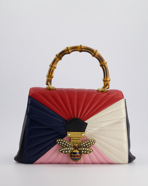 Gucci Black Queen Margaret Matelasse Bamboo Top Handle Bag with Gold Hardware and Embellished Bee Detail